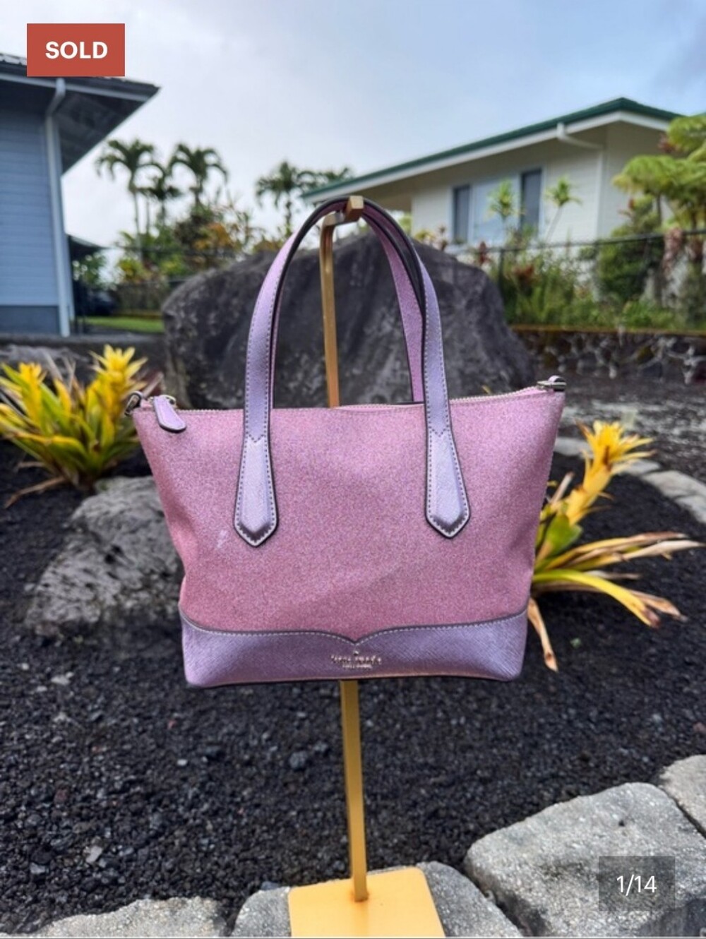Kate Spade Pink Glitter Satchel Crossbody Bag Metallic Lavender Glitter Purse